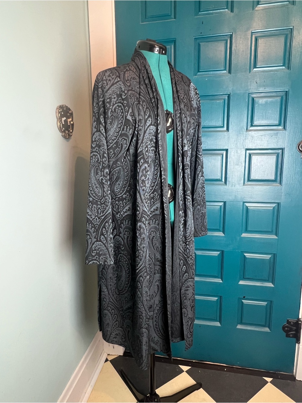Susan Graver Liquid Knit Long Line Cardigan Sweater Blue Paisley Womens Plus 1X